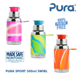 Pura Sport Edelstahl Sportflasche mit Swirl Sleeve und Big Mouth Sport Trinkverschluss 500 ml, plastikfrei Aqua swirl