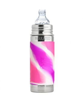 Pura Kiki Babyflasche mit Trinklern Aufsatz Isolierflasche, Edelstahl mit Silikonhülle Sleeve, 250 ml, plastikfrei PinkSwirl
