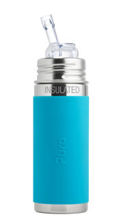 Pura Kiki Isolierflasche mit Strohhalm, Edelstahl mit Silikonhülle Sleeve, 250 ml Aqua